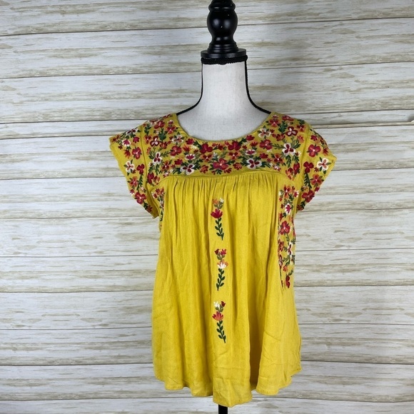 Savanna Jane Yellow Bright Floral Embroidered Peasant Style Blouse - Picture 1 of 7